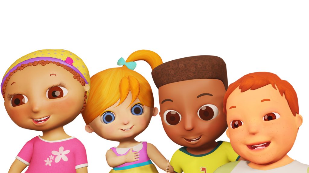 four children smiling and giggling,